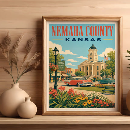 Retro Nemaha County, Kansas poster featuring vintage car and town square.
