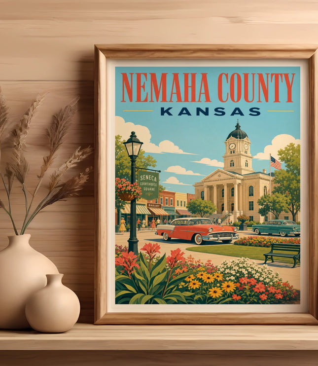 Retro Nemaha County, Kansas poster featuring vintage car and town square.