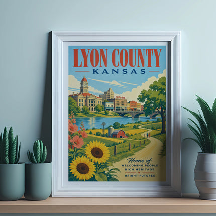 Framed Lyon County Kansas poster with city skyline, sunflowers, and a road.