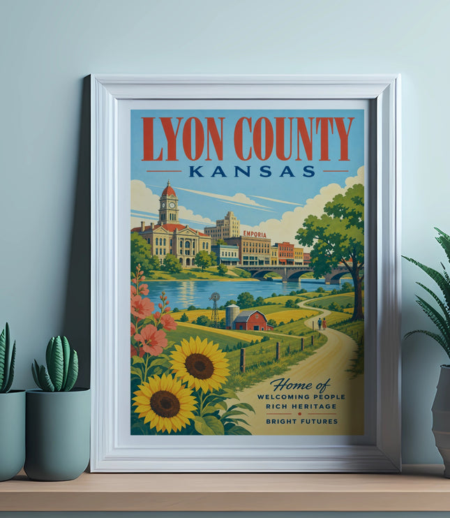 Framed Lyon County Kansas poster with city skyline, sunflowers, and a road.