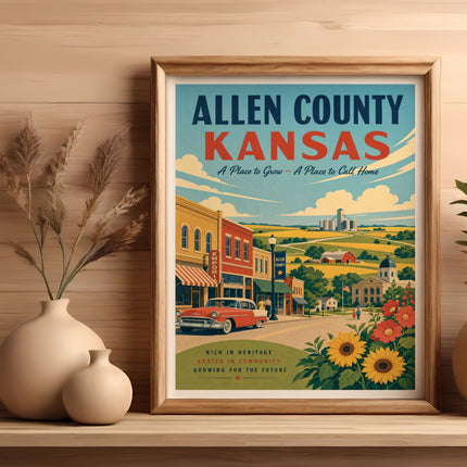 Allen County Kansas travel poster with vintage car and sunflowers.