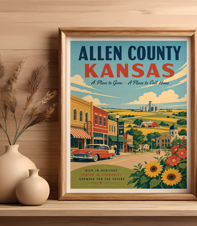 Allen County Kansas travel poster with vintage car and sunflowers.
