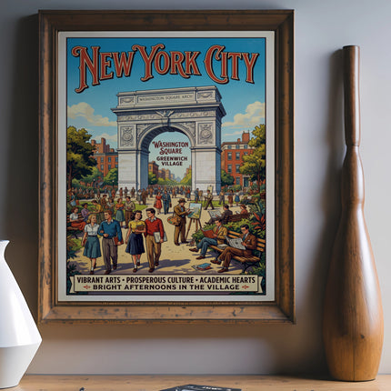 New York City poster featuring Washington Square Arch and Greenwich Village scene.