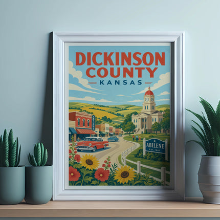 Framed poster of Abilene, Kansas, featuring a vintage car and county buildings.
