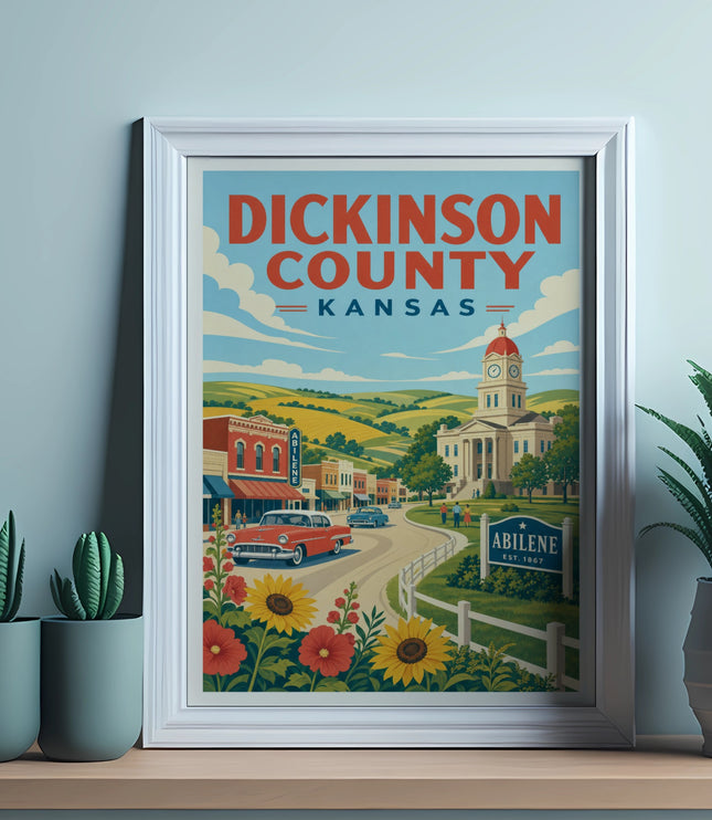 Framed poster of Abilene, Kansas, featuring a vintage car and county buildings.