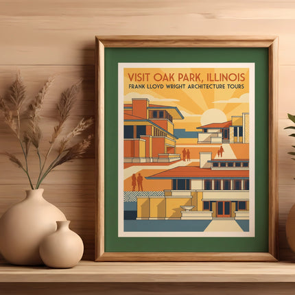 Framed "Visit Oak Park, Illinois" Frank Lloyd Wright Architecture Tours poster.
