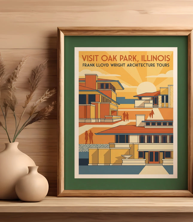 Framed "Visit Oak Park, Illinois" Frank Lloyd Wright Architecture Tours poster.