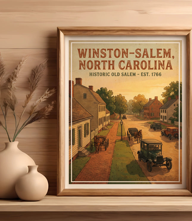 Winston-Salem, North Carolina Historic Old Salem est. 1766 poster with vintage cars and horse-drawn carts.