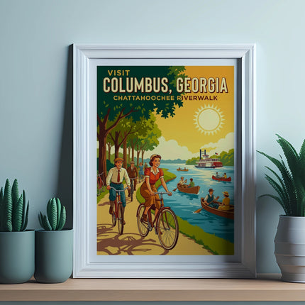 Vintage poster advertising Visit Columbus, Georgia Chattahoochee Riverwalk with people cycling and boating.