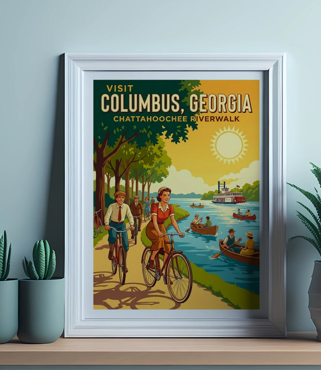 Vintage poster advertising Visit Columbus, Georgia Chattahoochee Riverwalk with people cycling and boating.
