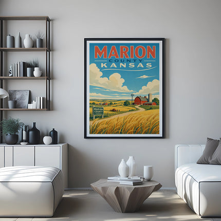 Marion County Kansas travel poster with farm and wheat fields.