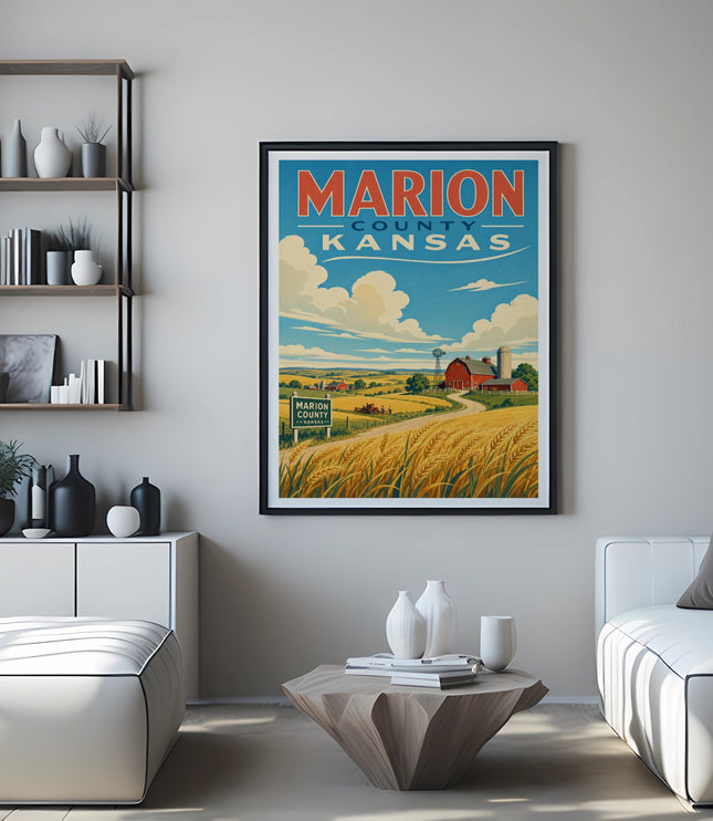Marion County Kansas travel poster with farm and wheat fields.