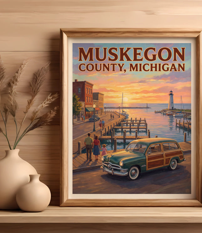 "Muskegon County, Michigan" vintage poster of harbor scene with classic car