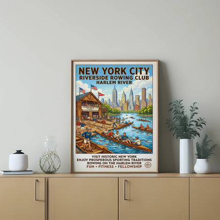 New York City Riverside Rowing Club poster featuring rowing on the Harlem River.