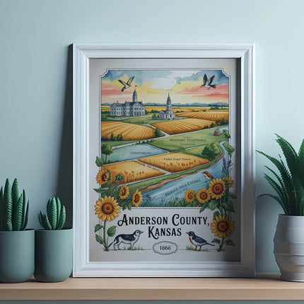 Poster showing Anderson County, Kansas with courthouse, sunflowers, and historic buildings.