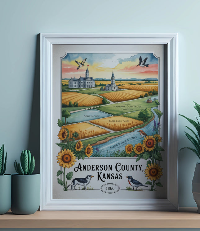Poster showing Anderson County, Kansas with courthouse, sunflowers, and historic buildings.