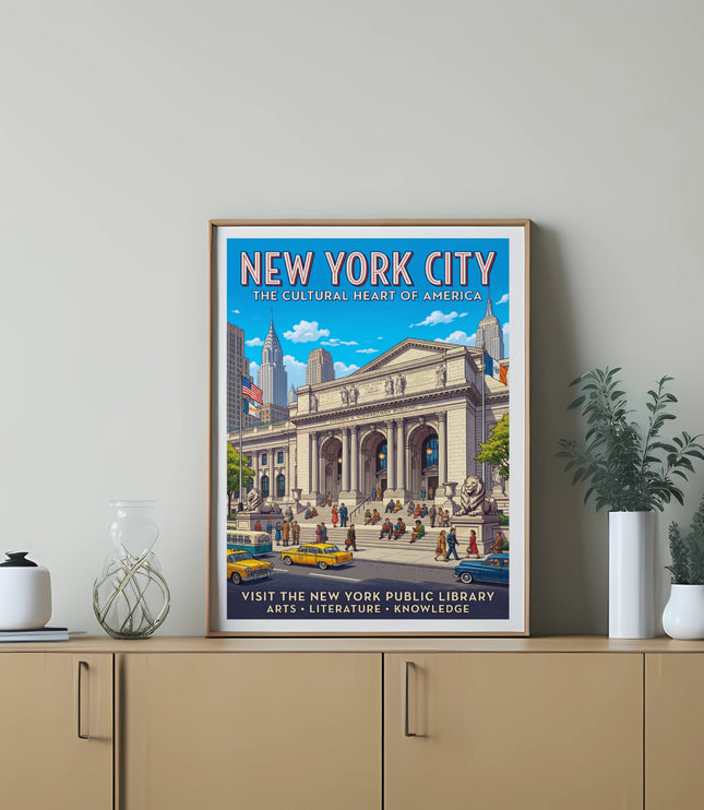 New York City poster featuring the library, taxis, and cityscape.