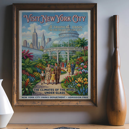Vintage poster for New York City's Conservatory Gardens, depicting a family.