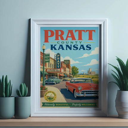 Pratt County Kansas vintage travel poster with car and city skyline.