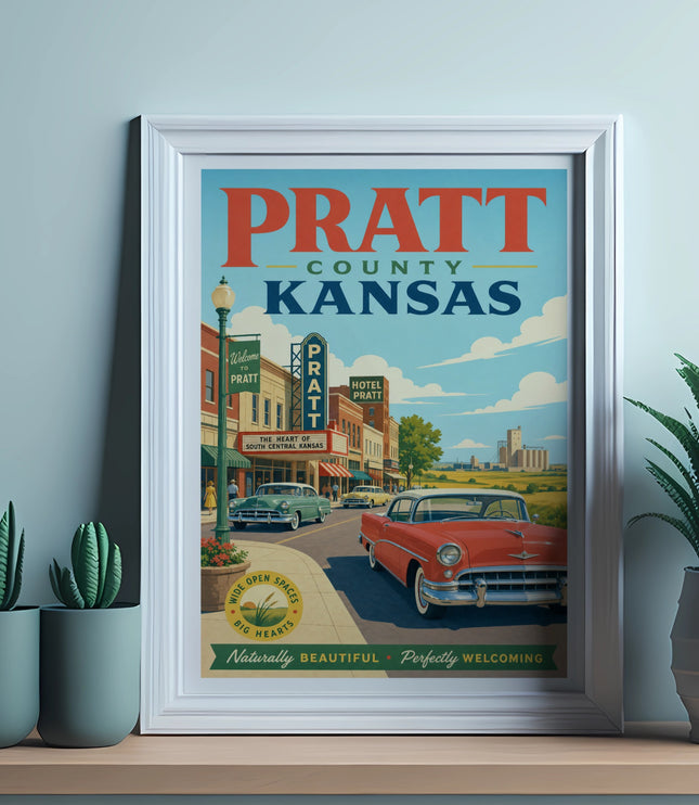 Pratt County Kansas vintage travel poster with car and city skyline.