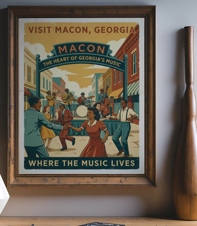 Vintage poster of Macon, Georgia, showing a band playing and people dancing.