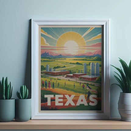 Framed Texas landscape artwork with sun, fields, and people.