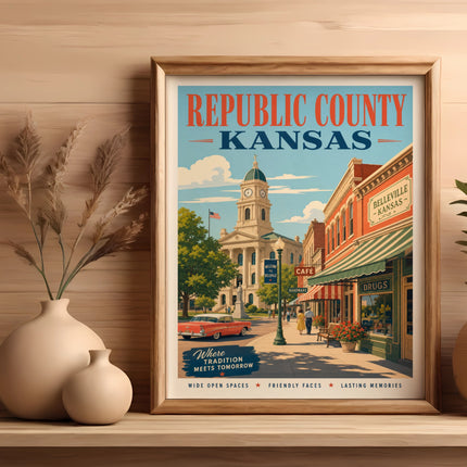 Vintage travel poster of Belleville, Kansas, featuring a street scene with a classic car.