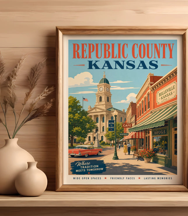 Vintage travel poster of Belleville, Kansas, featuring a street scene with a classic car.
