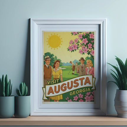 Framed vintage travel poster for Augusta, Georgia, featuring golfers and flowers.