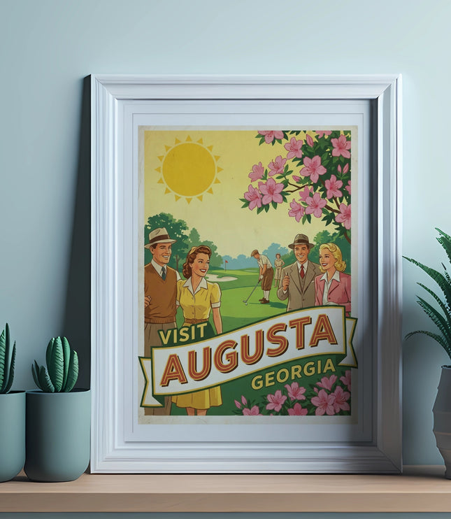 Framed vintage travel poster for Augusta, Georgia, featuring golfers and flowers.