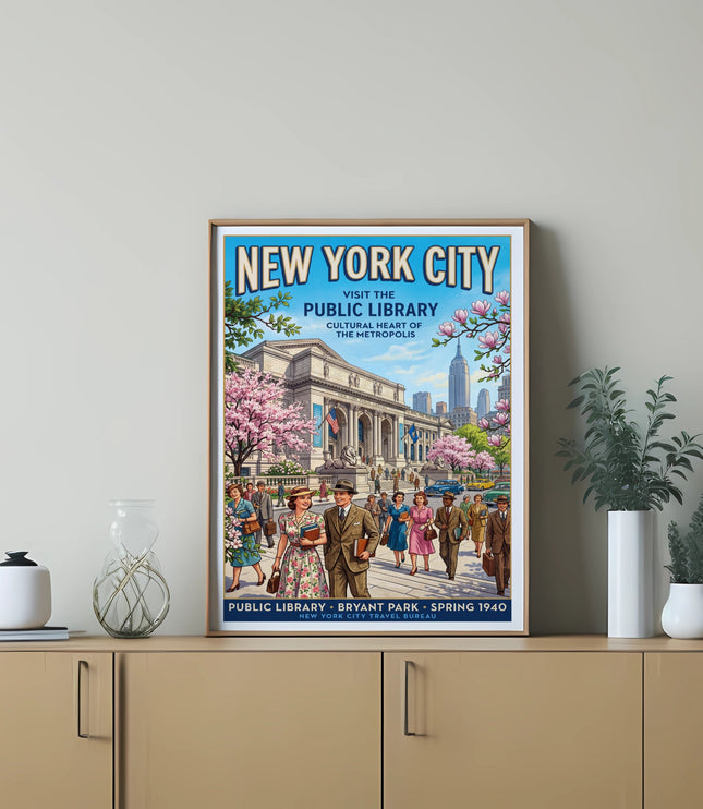 New York City Public Library travel poster, spring 1940, Bryant Park.