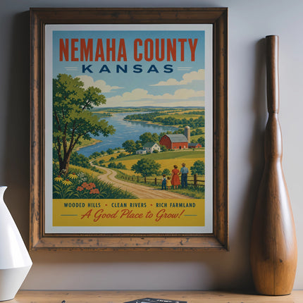 Nemaha County, Kansas vintage travel poster with text.