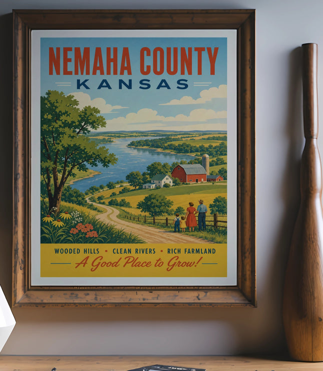 Nemaha County, Kansas vintage travel poster with text.