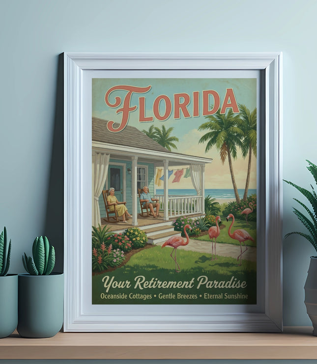 Vintage Florida travel poster featuring a beach house, flamingos, and text.