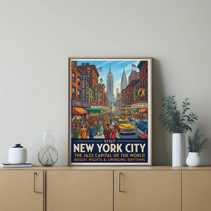 Poster for Visit New York City, featuring jazz clubs and bright city lights.