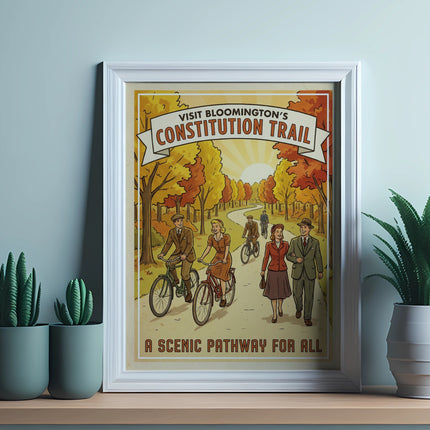 Vintage poster showing people biking on Constitution Trail, Bloomington.