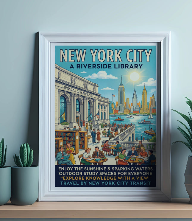 New York City Riverside Library poster featuring city skyline and people.