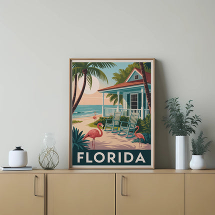 Vintage Florida travel poster with flamingoes and beach house.