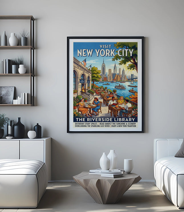 Vintage poster of New York City skyline with The Riverside Library and people dining.