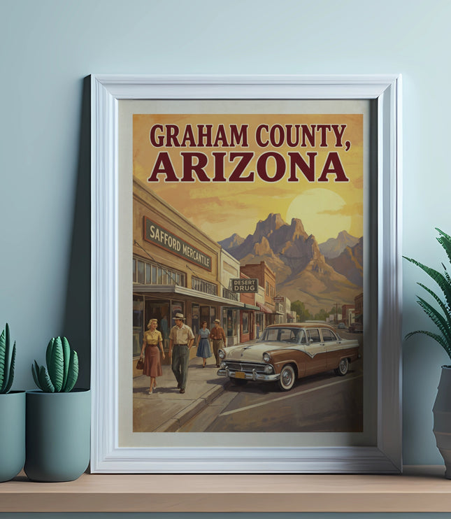 "Graham County, Arizona" vintage poster with storefronts, a car, and mountains.