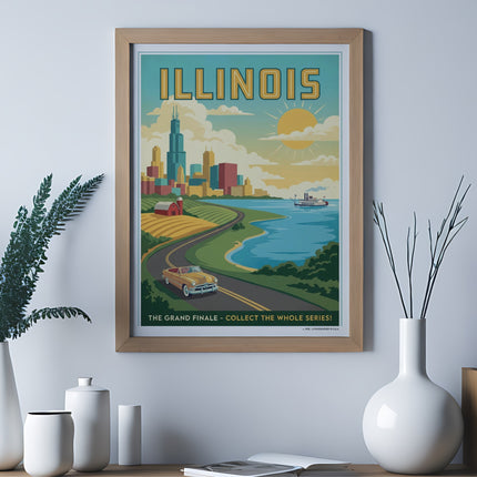 Illinois travel poster with city skyline, car, and sun.