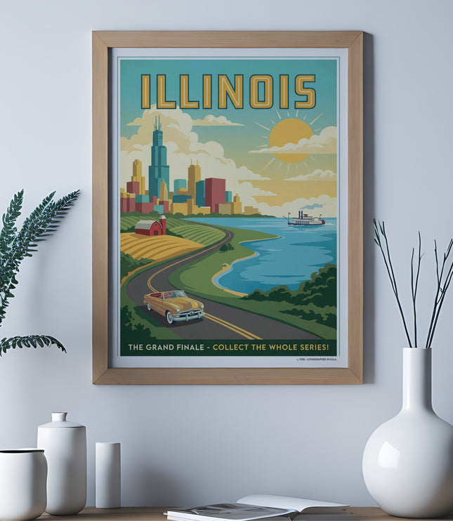 Illinois travel poster with city skyline, car, and sun.