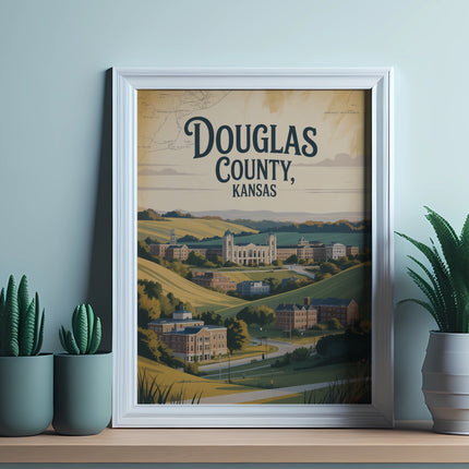 Vintage poster of Douglas County, Kansas with buildings and rolling hills.