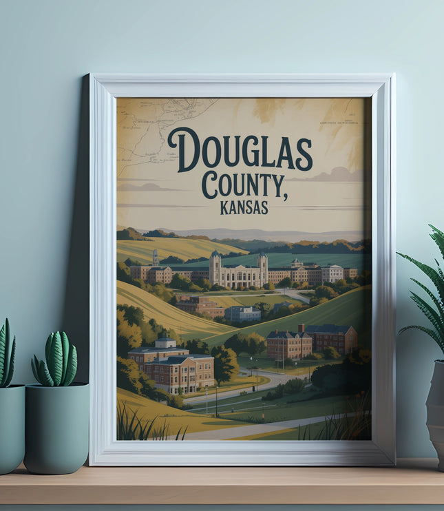 Vintage poster of Douglas County, Kansas with buildings and rolling hills.