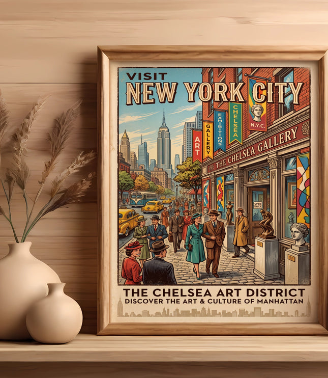 Vintage poster of New York City featuring the Chelsea Art District and skyline.