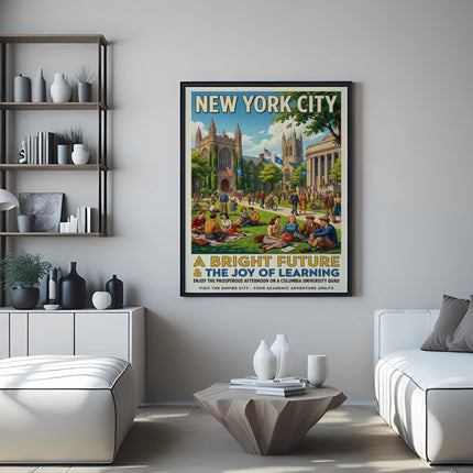 New York City poster showing a Columbia University quad and people enjoying themselves.