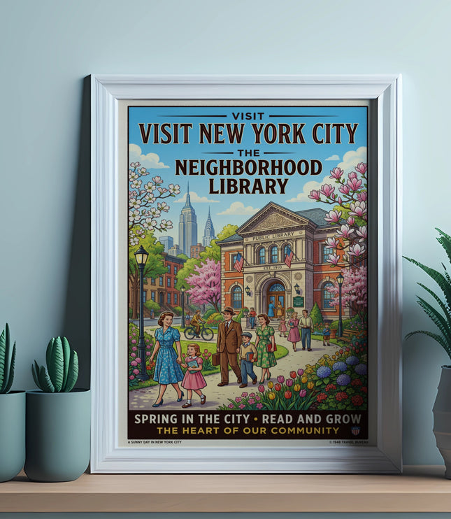 Vintage poster of families visiting New York City's neighborhood library.