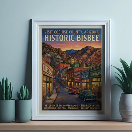 Vintage travel poster for Historic Bisbee, Arizona, with desert mountains and buildings.