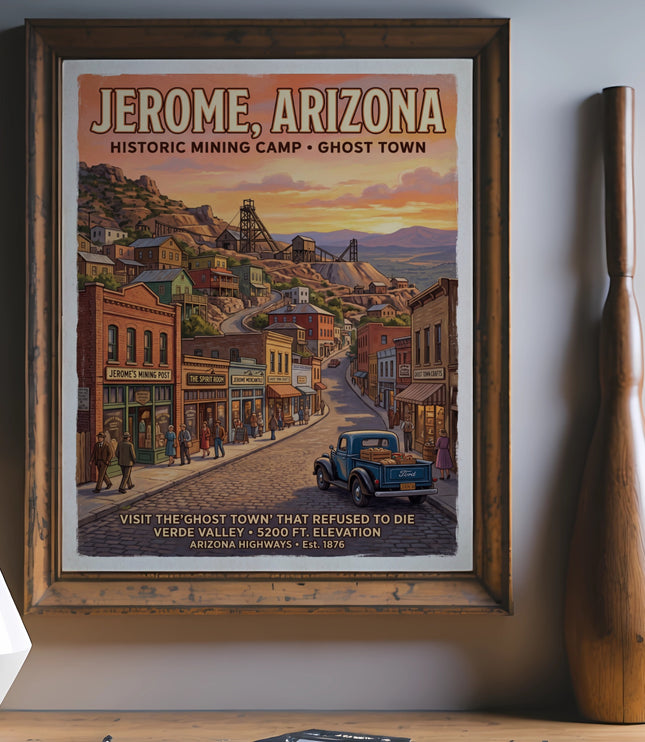 Jerome, Arizona vintage travel poster showing a historic mining camp town at sunset.
