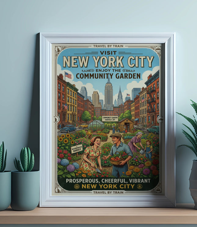 Retro poster for New York City community garden with people harvesting.